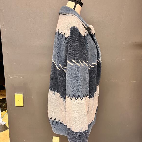 Vintage women's fleece striped satin lined coat double breasted blue grey size L - Picture 4 of 10